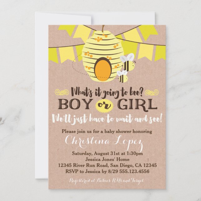 Bee Baby Shower Invitation or Gender Reveal Party (Front)