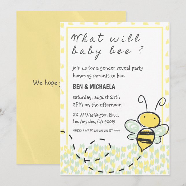 Bee baby shower invitations, Bee Gender Reveal Invitation (Front/Back)