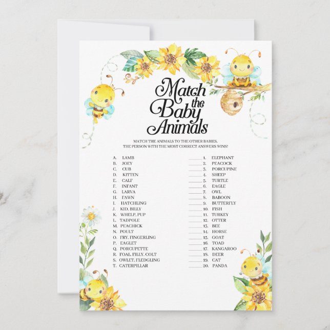 Bee Baby Shower Match The Baby Animals Game Invitation (Front)