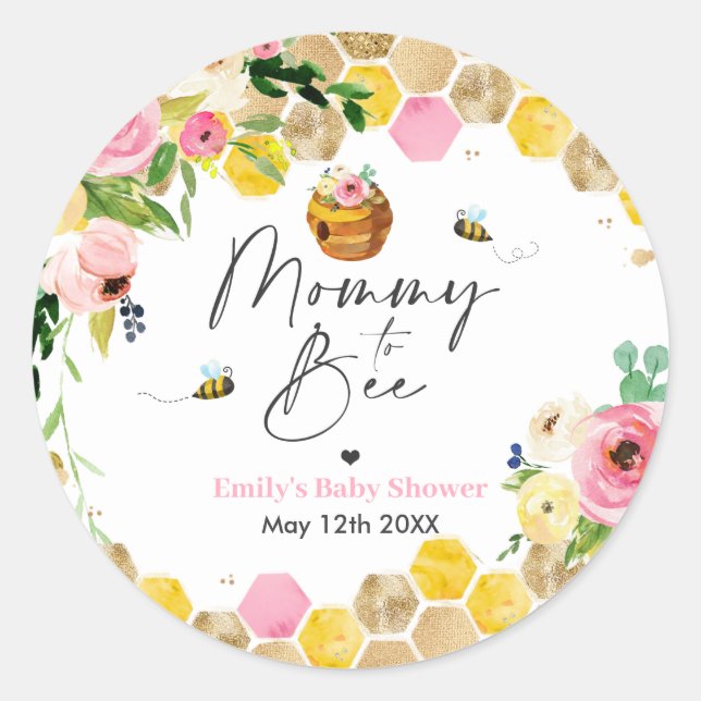 Bee Baby Shower Mummy To Bee Pink Spring Floral Classic Round Sticker (Front)
