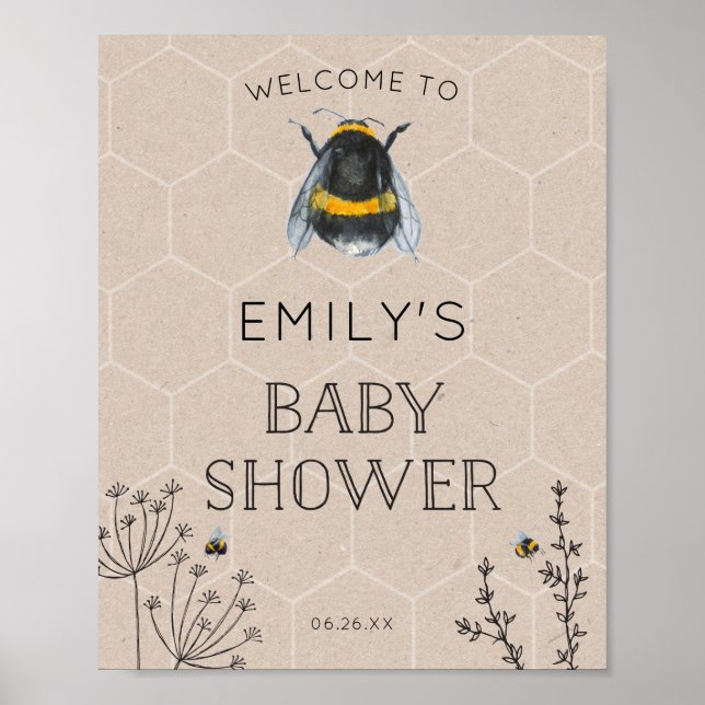 Bee Baby Shower Natural Welcome Sign (Front)