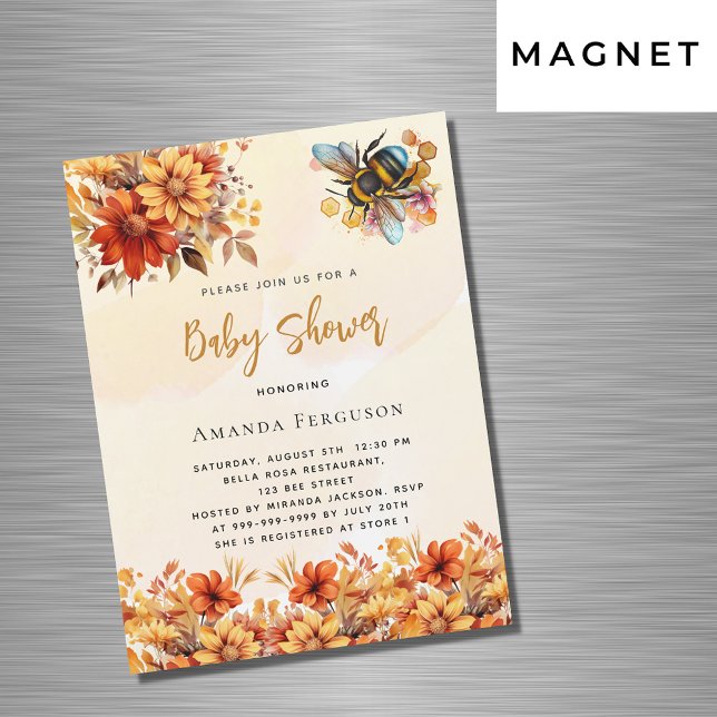 Bee Baby shower orange fall florals luxury Magnetic Invitation (Creator Uploaded)