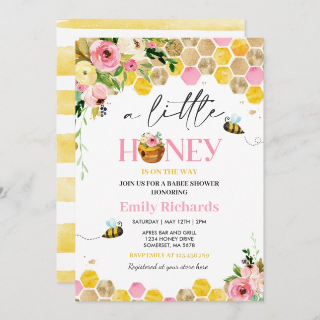 Bee Baby Shower Pink A Little Honey On The Way Invitation (Front/Back)