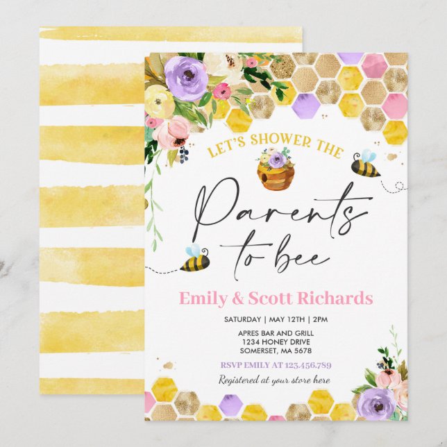 Bee Baby Shower Pink Floral Parents To Bee Baby Invitation (Front/Back)