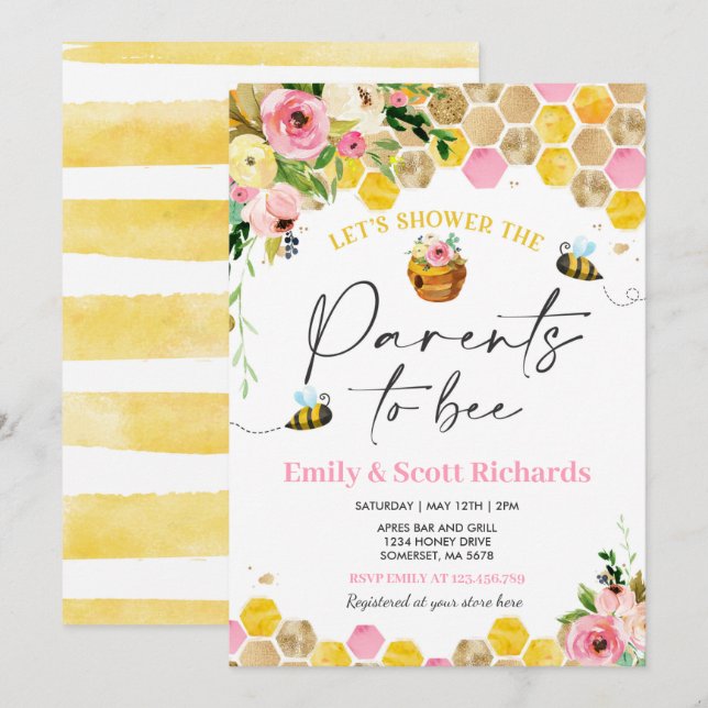 Bee Baby Shower Pink Floral Parents To Bee Baby Invitation (Front/Back)