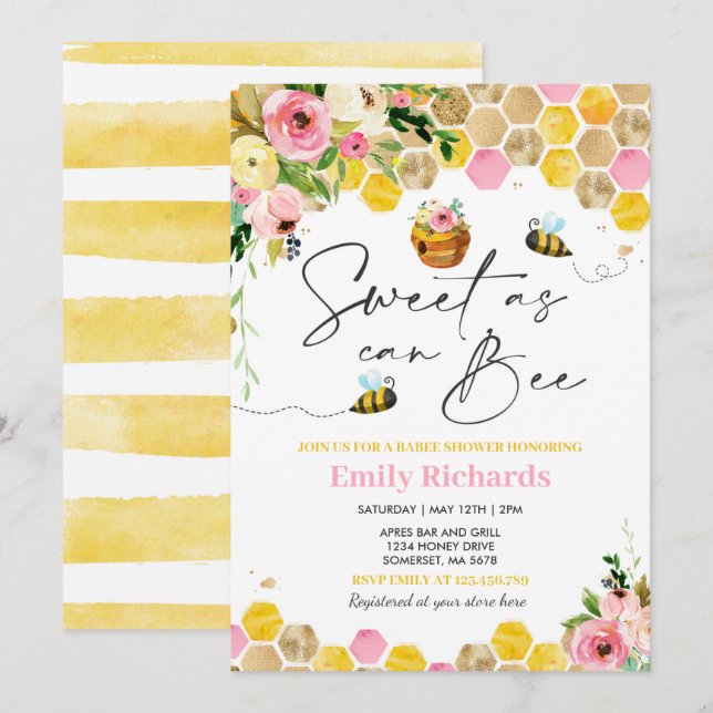 Bee Baby Shower Pink Floral Sweet As Can Bee Invitation (Front/Back)