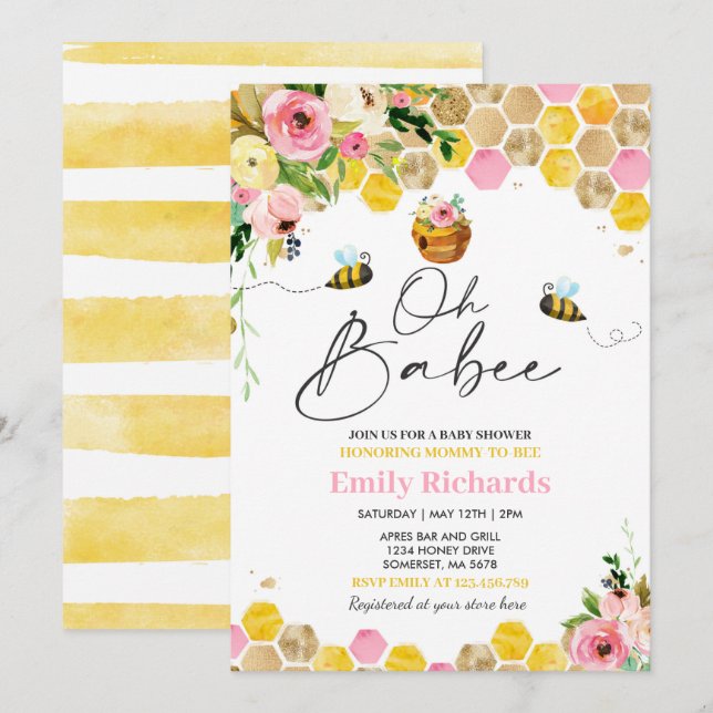 Bee Baby Shower Pink Spring Floral Oh Babee  Invitation (Front/Back)