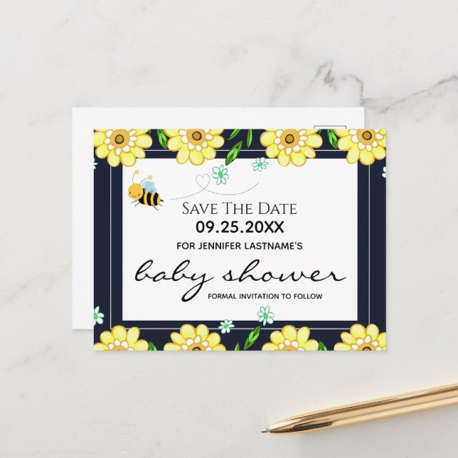 Bee Baby Shower Save the Date Postcard (Front/Back In Situ)
