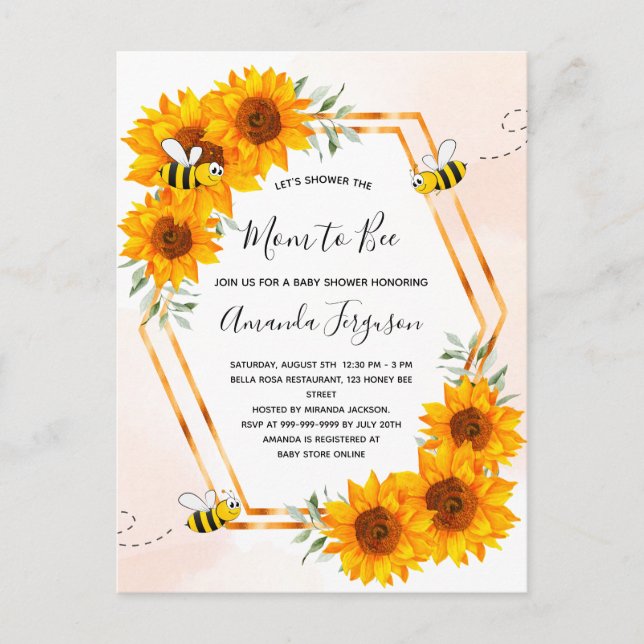 Bee Baby shower sunflowers rose gold invitation Postcard (Front)