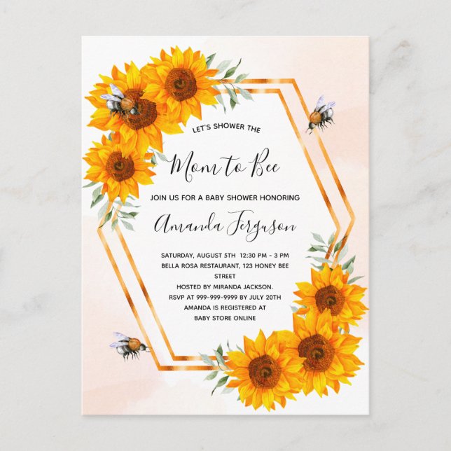 Bee Baby shower sunflowers white rose gold Postcard (Front)