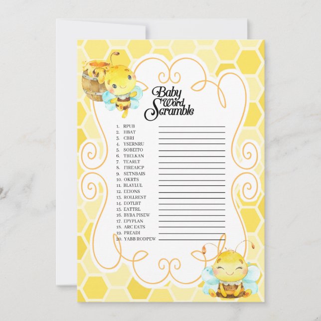 Bee Baby Shower Word Scramble Game Invitation (Front)