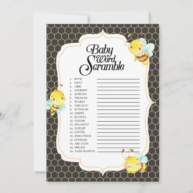Bee Baby Shower Word Scramble Game Invitation (Front)