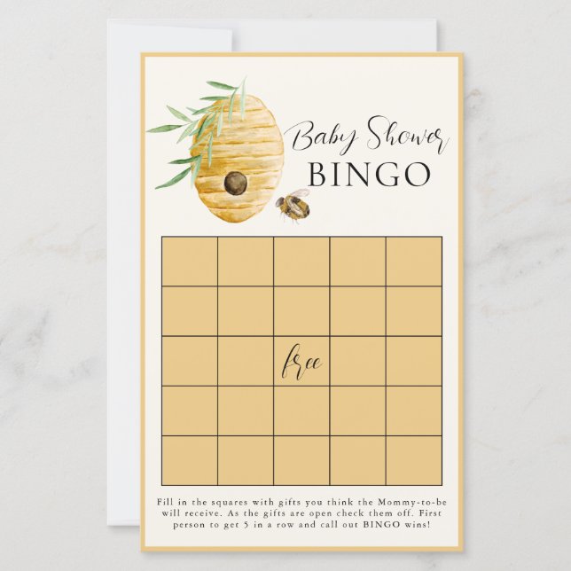 Bee Baby Shower Yellow Bingo Game Card (Front)