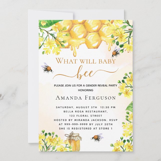 Bee Baby shower yellow floral gender reveal Invitation (Front)