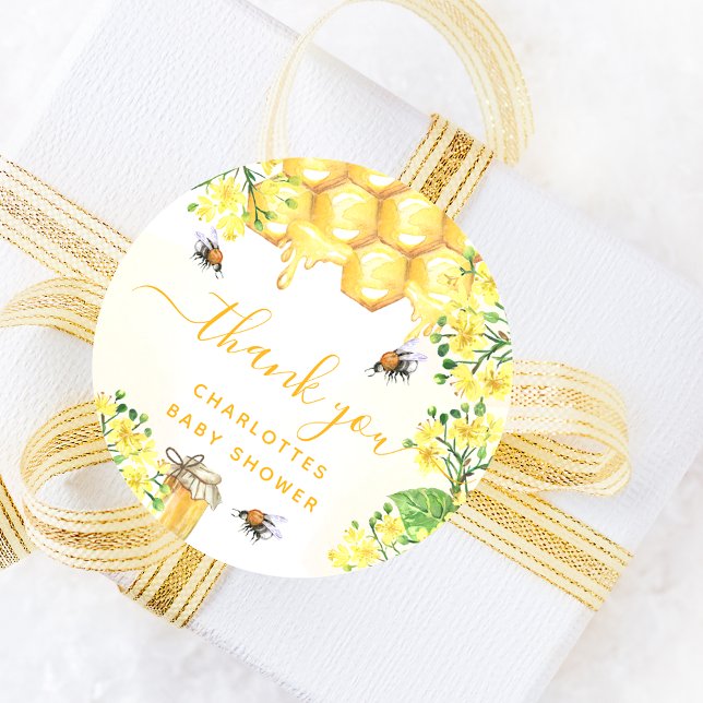  Bee Baby shower yellow floral honey thank you Classic Round Sticker (Creator Uploaded)