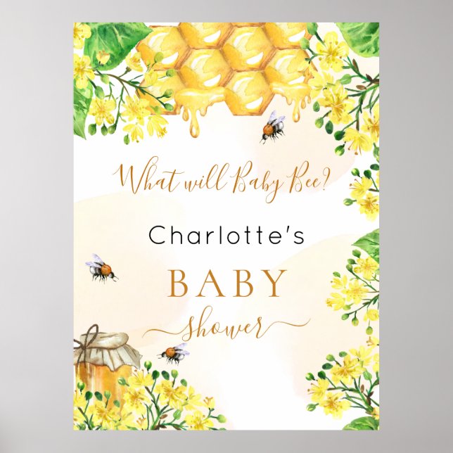 Bee Baby Shower yellow gender reveal party Poster (Front)