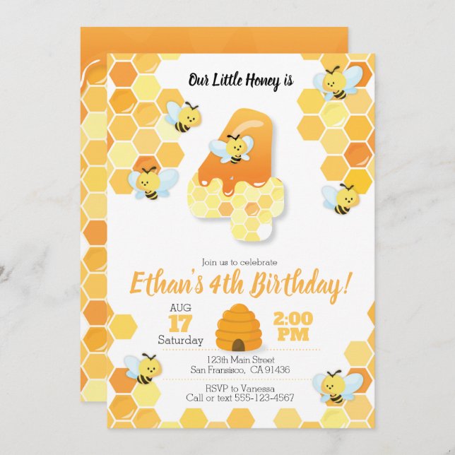 Bee birthday, Bee Invitation for 4th Birthday (Front/Back)