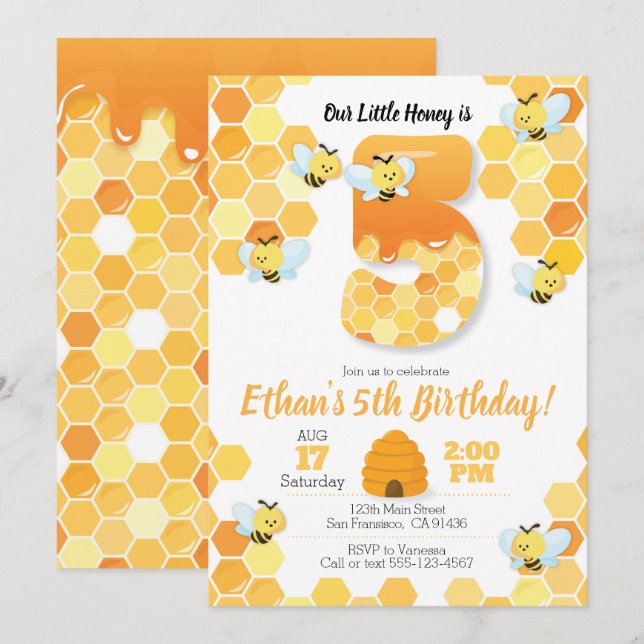 Bee birthday, Bee Invitation for 5th Birthday (Front/Back)