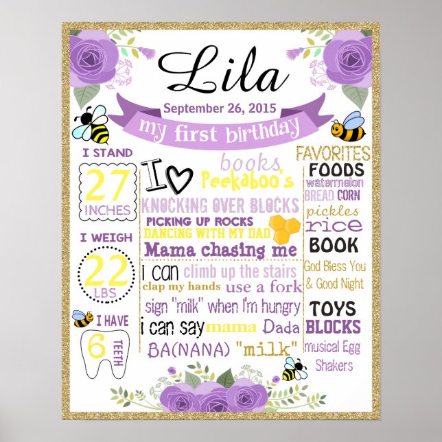 Bee birthday chalkboard sign chalk board poster (Front)