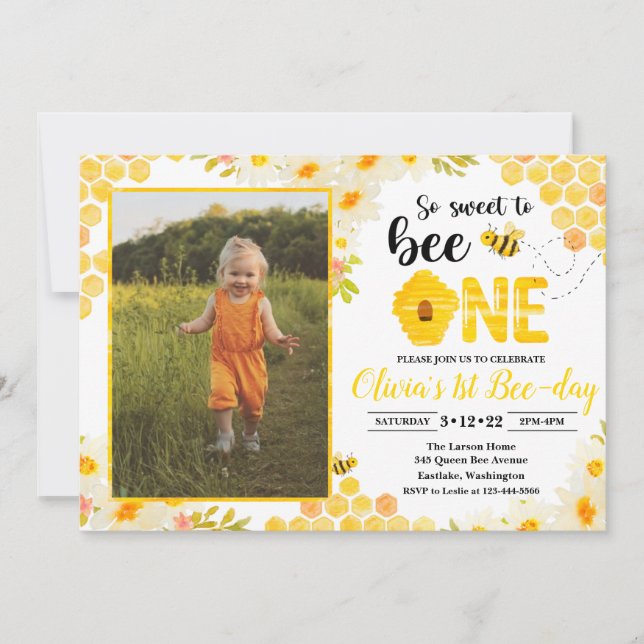 Bee Birthday Invitation Bee 1st Birthday Invite (Front)