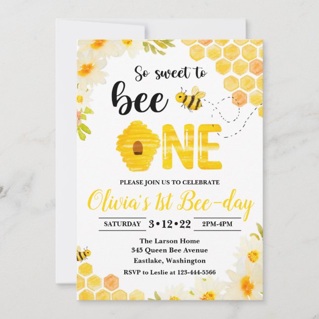 Bee Birthday Invitation Bee 1st Birthday Invite (Front)