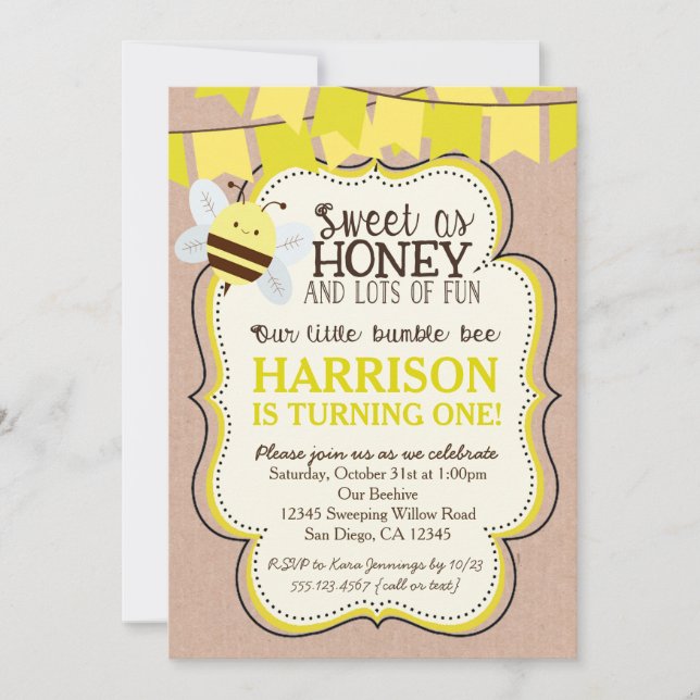Bee Birthday Invitation for boy or girl (Front)