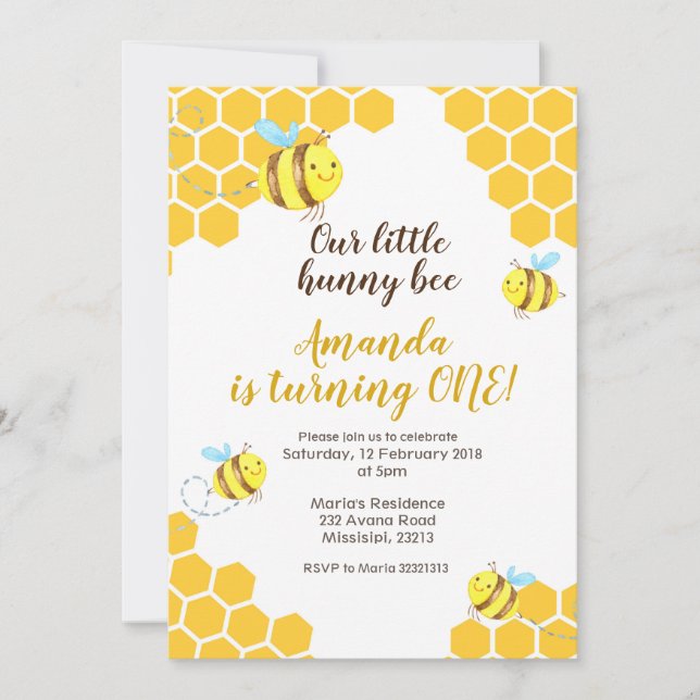 Bee Birthday Invitation for boy or girl (Front)