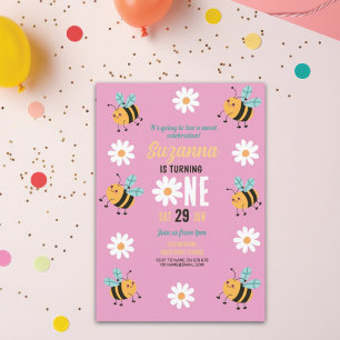 Bee Birthday Invitation Party Flower Daisy Pink