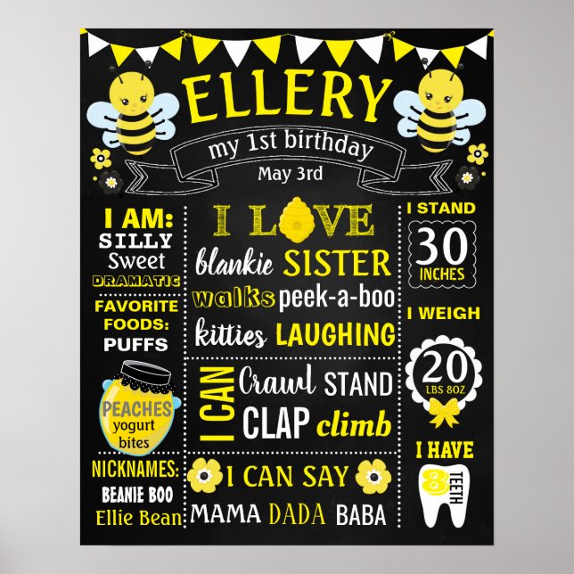 Bee Birthday Party chalkboard sign poster (Front)