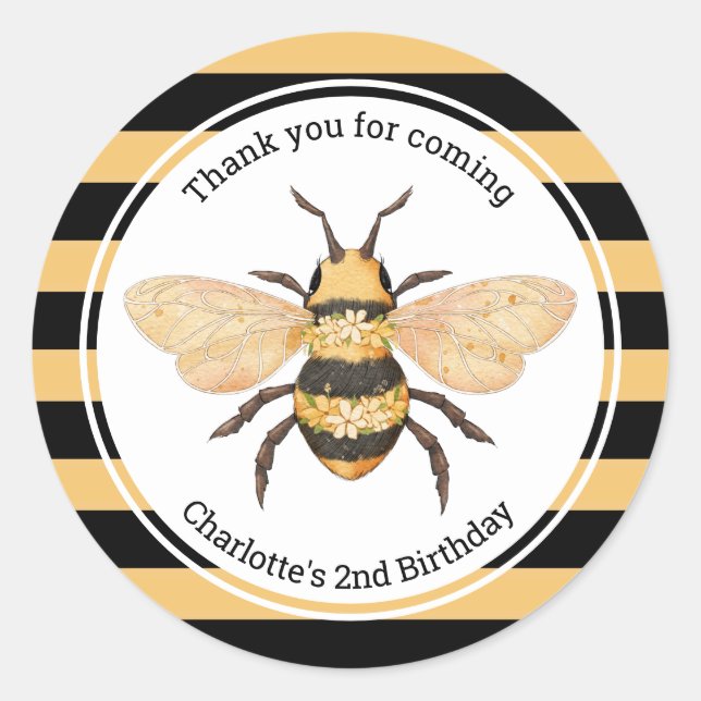 Bee Birthday Party Classic Round Sticker (Front)