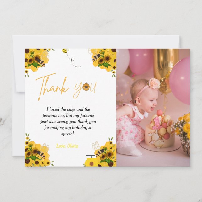Bee birthday party theme birthday thank you card (Front)