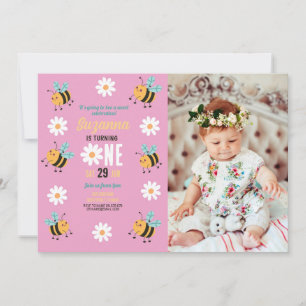 Bee Birthday Photo Party Flower Daisy Pink Invitation