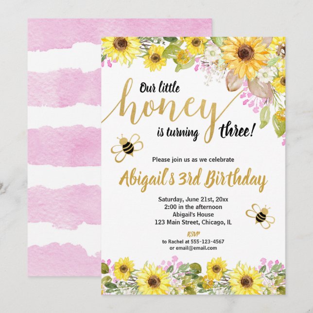 Bee birthday yellow pink floral sunflowers girl invitation (Front/Back)