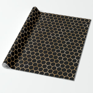Bee Black Honey Comb Metallic Gold Sepia Hexagon Wrapping Paper