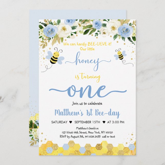 Bee Blue Gold Boy First Birthday Bee-Day Invitation (Front/Back)
