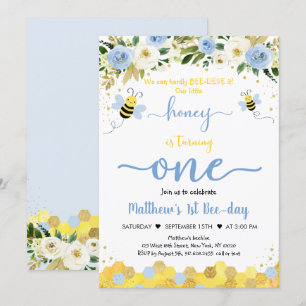 Bee Blue Gold Boy First Birthday Bee-Day Invitation