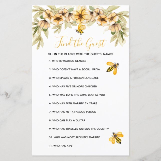 Bee Botanical baby shower Find the Guest game (Front)