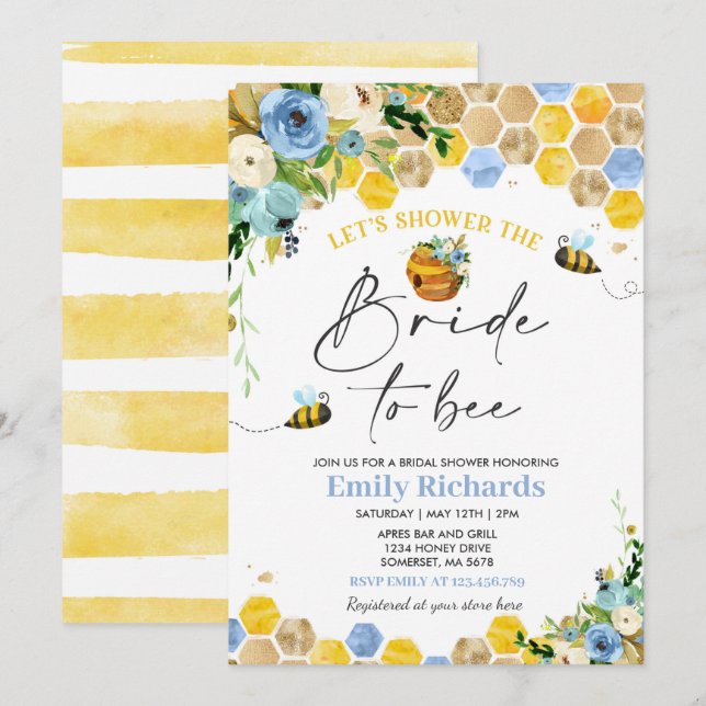 Bee Bridal Shower Blue & Gold Floral Bride To Bee Invitation (Front/Back)