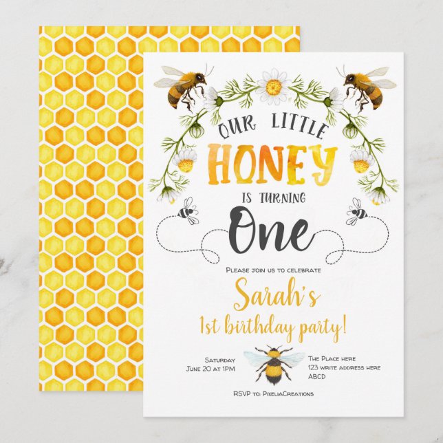 Bee, Bumble bee, Little Bee, 1st birthday Invitation (Front/Back)