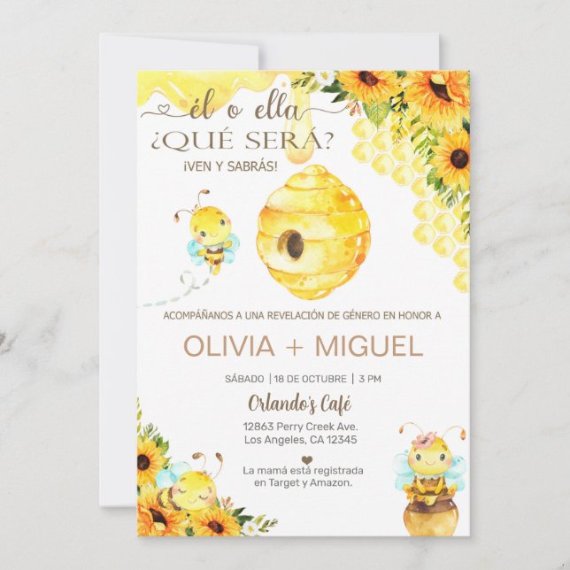 Bee bumblebee girl gender reveal invite, Spanish. Invitation (Front)