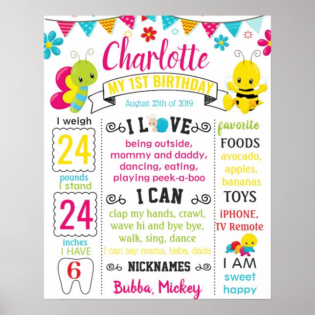 Bee Butterfly Spring Summer Birthday sign (Front)