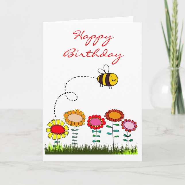 Bee Buzzing a Flower Garden Birthday Card (Front)