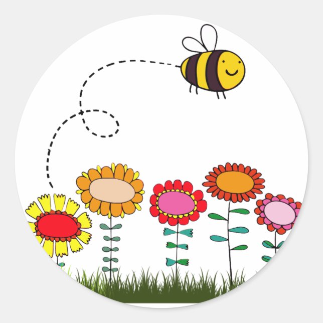 Bee Buzzing a Flower Garden Classic Round Sticker (Front)