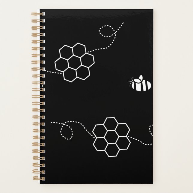 Bee Cause Minimalist Bee & Honeycomb Black & White Planner (Front)