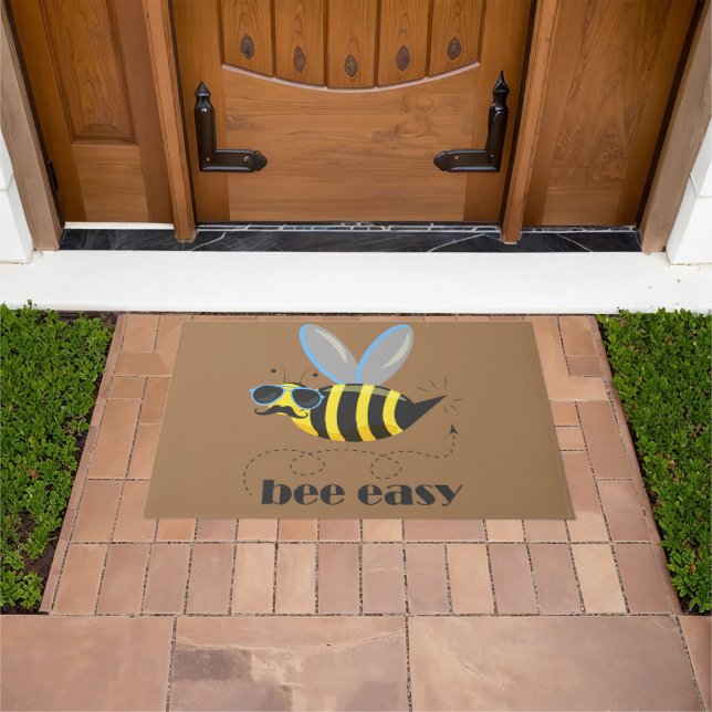 Bee character with moustache sunglasses Bee Easy Doormat (Outdoor)