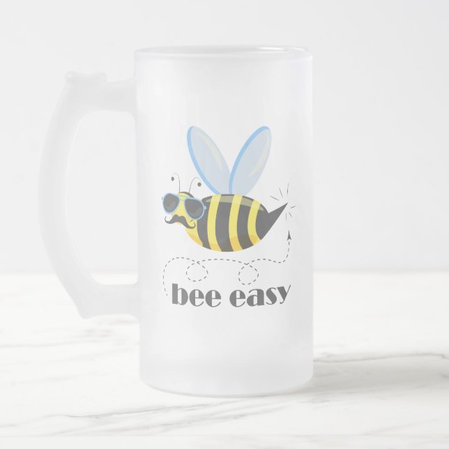 Bee character with moustache sunglasses Bee Easy Frosted Glass Beer Mug (Left)