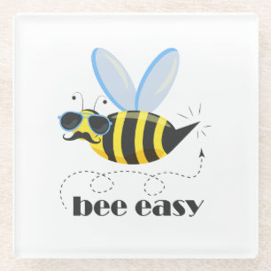 Bee character with moustache sunglasses Bee Easy Glass Coaster