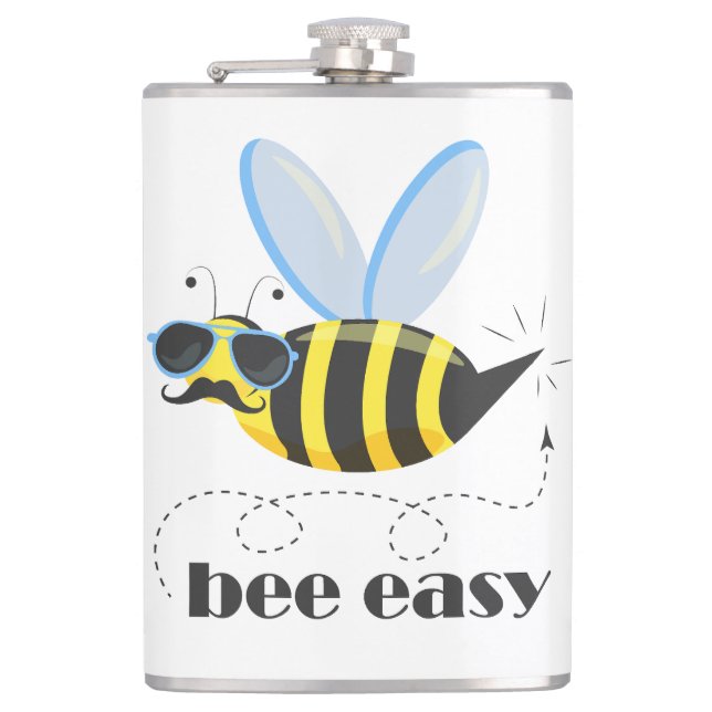 Bee character with moustache sunglasses Bee Easy Hip Flask (Front)