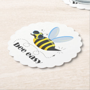 Bee character with moustache sunglasses Bee Easy Paper Coaster