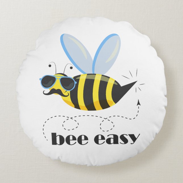 Bee character with moustache sunglasses Bee Easy Round Cushion (Front)